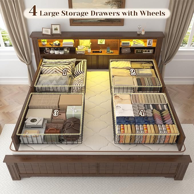 EnHomee King Size Bed Frame and Headboard & Storage,4 Drawers and LED Built in Charging Station King Bed Frame with Storage Farmhouse, NO Noise,No Box Spring Needed,Brown