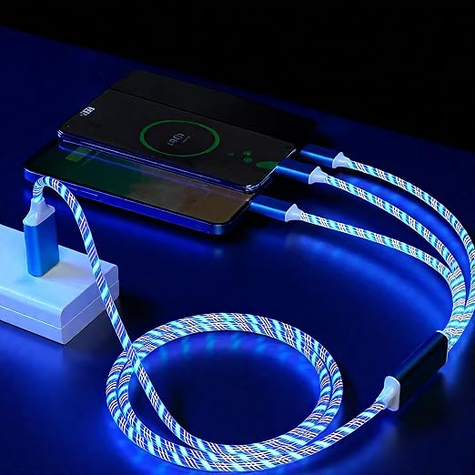 IHAO Multi Ports Light-Up USB Cable USBA to USBC/MicroUSB Cable Durable Fast Charging Cable with Visible Current Flow As Night Light Use-3in1 Blue