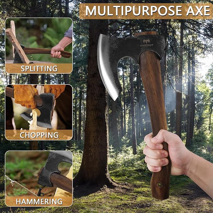 14.6" Hatchet, Camping Hatchet with Leather Sheath, Bushcraft Axe with 1065 Carbon Steel & Beech Handle, Survival Axe for Wood Splitting and Chopping - Perfect for Gardening and Outdoor
