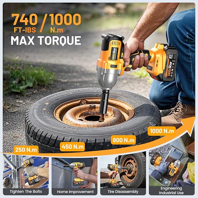 Cordless Impact Wrench 740 Ft-lbs(1000N.m) 3300RPM High Torque 1/2 Inch Impact Gun, Electric Impact Driver, Brushless Motor, 2x4.0Ah Battery Fast Charger for Car Tires Truck Mower