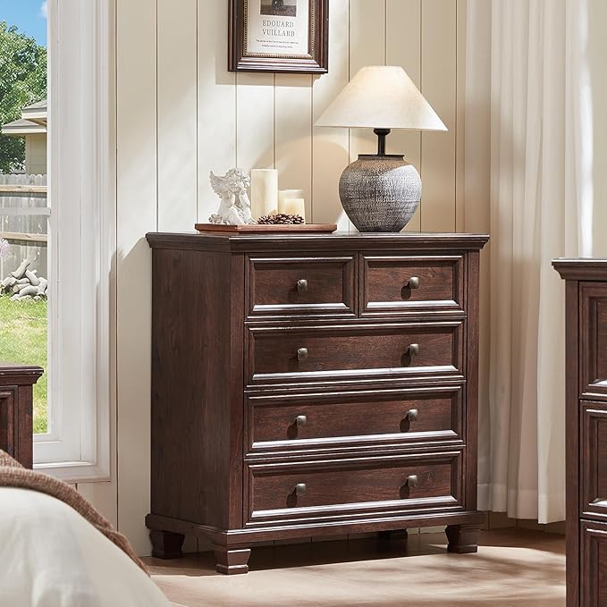 Farmhouse 5 Drawer Dresser for Bedroom, 32.6 Inch Tall Vintage Chest of Drawers, Mid-Century Small Dressers w/Square Solid Wood Legs, Rustic Storage Organizer for Living Room, Walnut