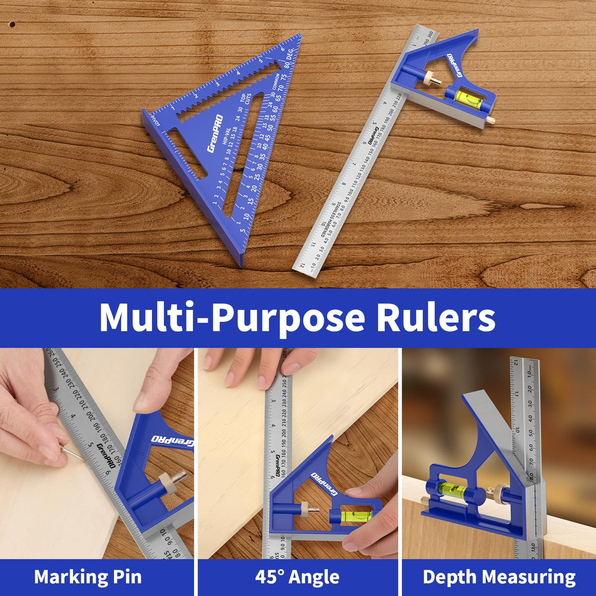 GRENPRO Combination Square Woodworking Ruler Tools, 7inch Carpenter Square Wood Working Tools and Accessories, 12inch Square Ruler, Includes 2-in-1 Carpentry Pencil, Protractor Angle Machinist Tool