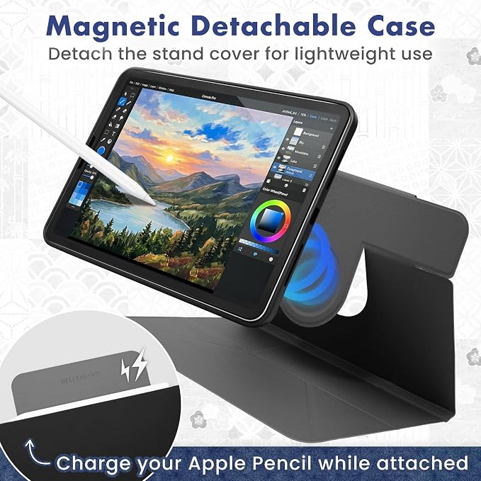 BELLEMOND iPad Case for iPad A16 11 2025 / 10th Gen 10.9 2022 | Origami Folio Stand | 6-Mode Foldable Magnetic Detachable Cover | Mamoru Ori Case | Black &amp Grey