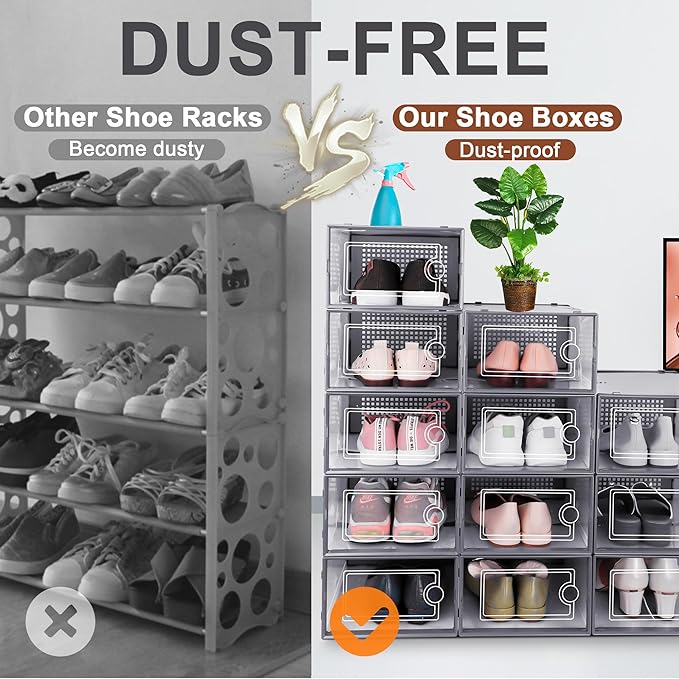 Kuject Large Shoe Organizers Storage Boxes for Closet, 12 Pack Clear Plastic Stackable Storage Bins with Lids, Under Bed Shoe Containers for Entryway, Drop Front, Fit up to Women's Size 10,Dark Gray