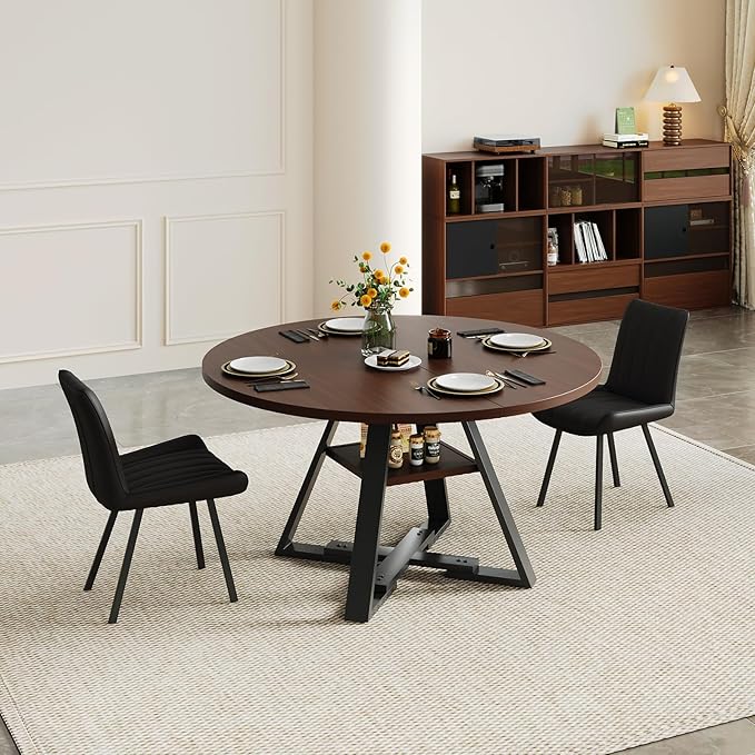 45.3" Walnut Round Dining Table Set with 2 Chairs – Mid-Century Modern Small-Space Kitchen & Dining Room Furniture for Apartment or Breakfast Nook (Walnut – Storage Table + 2 Black Chairs)