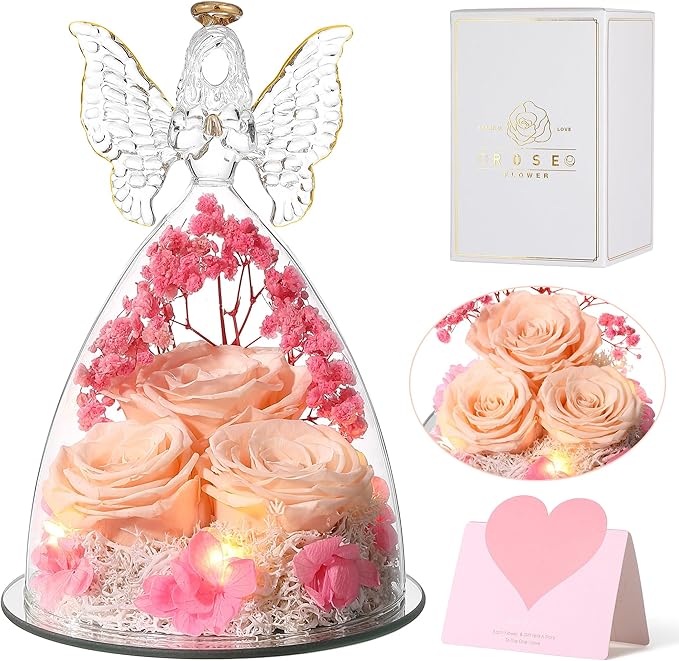 Ocosy Mothers Day Rose Gifts for Her, Large Angel Rose Gifts for Women, Forever Real Roses in Figurines, Guardian With Roses Flower Yellow Champagne