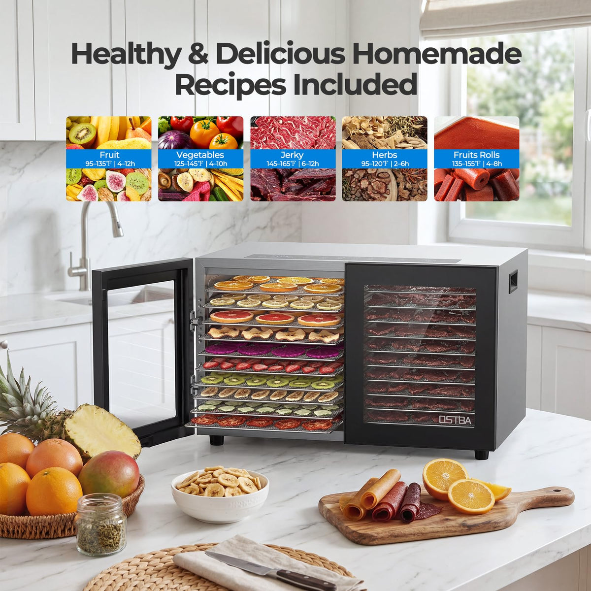 OSTBA Dual Zone Food Dehydrator with 20 Stainless Steel Trays, 1300W Food Dryer with Independent Controls, 95–180°F Temperature Range & 48H Timer for Jerky, Meat, Fruit, Vegetables, Herbs & Pet Treats