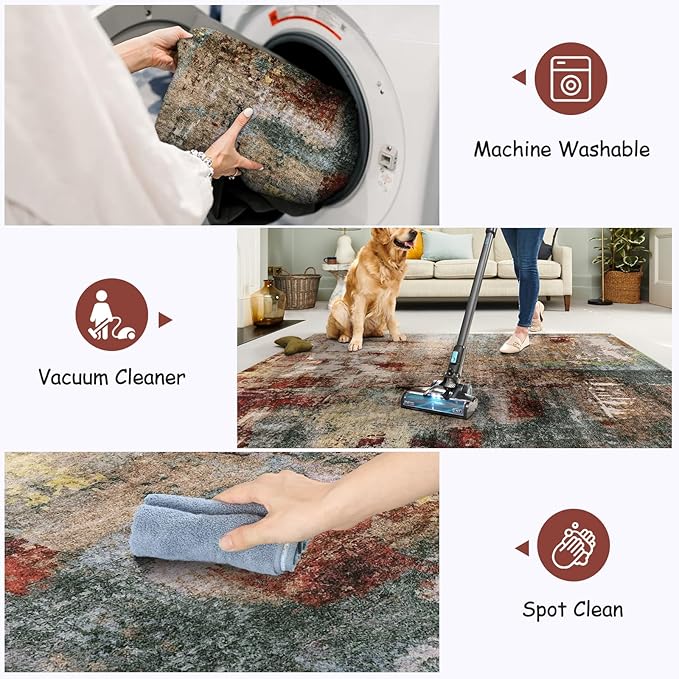 Lahome Modern Abstract 9x12 Area Rugs for Bedroom, Washable Living Room Rug for Bedroom Low Pile Non Slip, Red Soft Indoor Accent Carpet for Dining Room Table Home Decor Use