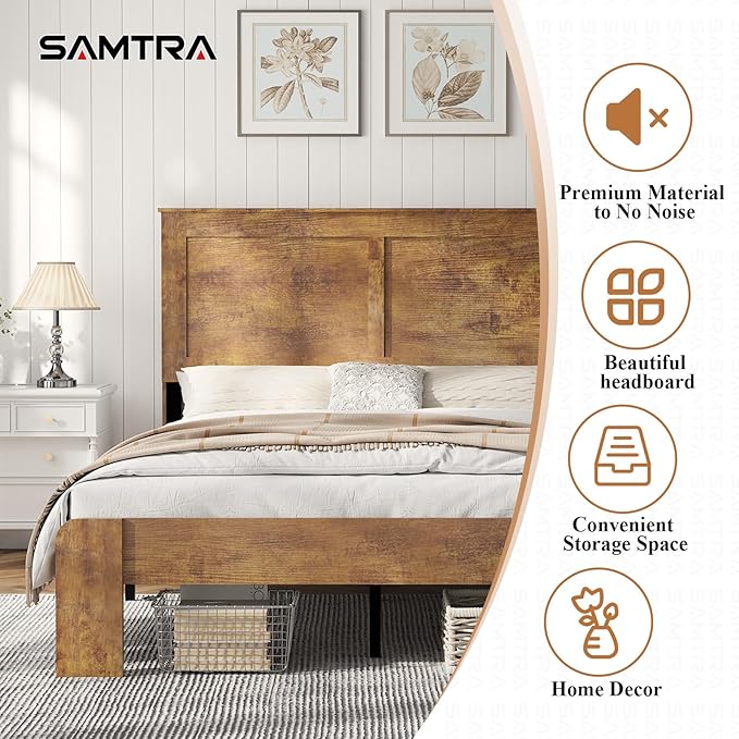 Wooden Bed Frame Full Size with Headboard, Farmhouse Platform Bedframe with Wood Slat Support, Sturdy Framework Bed Frame, Easy Assembly (Rustic Brown)