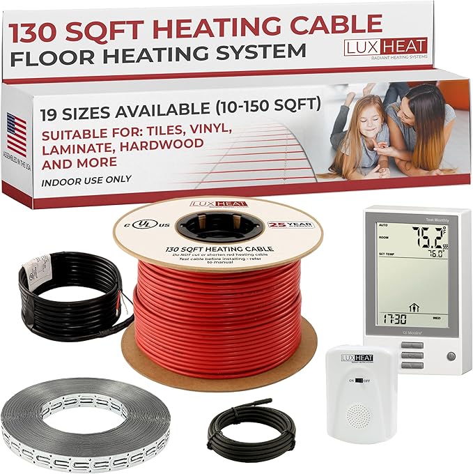 130sqft Floor Heating Cable Kit - 120v In Floor Heat Kit - Heated Flooring System for Vinyl - Includes UDG Programmable Thermostat w/GFCI, Electric Heating Cable, Strapping, Sensor & Alarm