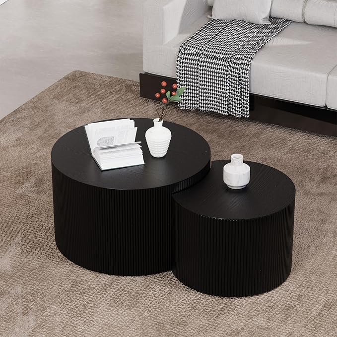 Round Nesting Coffee Table,Modern Fluted Coffee Tables Set of 2, Circle Vertical Stripe Design Drum Center Table Crescent Side Accent and Tables for Living Room (Black)