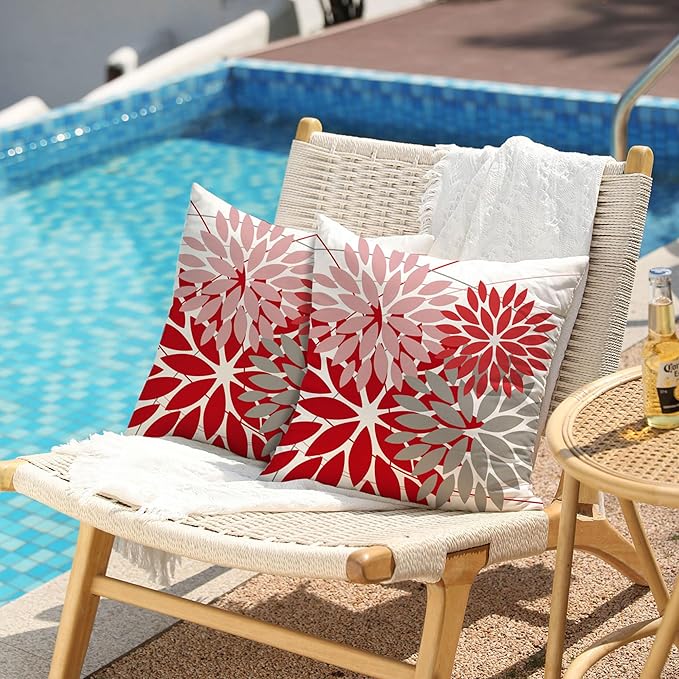 DFXSZ Outdoor Pillow Covers 16x16 Inch Set of 2 Pink Red Grey Flower Decorative Waterproof Summer Outdoor Valentines Pillow Covers for Patio Funiture Garden Couch 168M16