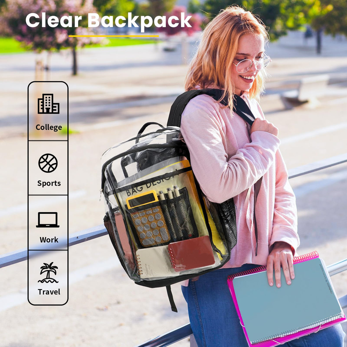Vorspack Heavy Duty Clear Backpack, Large Transparent Clear Bookbag, Black
