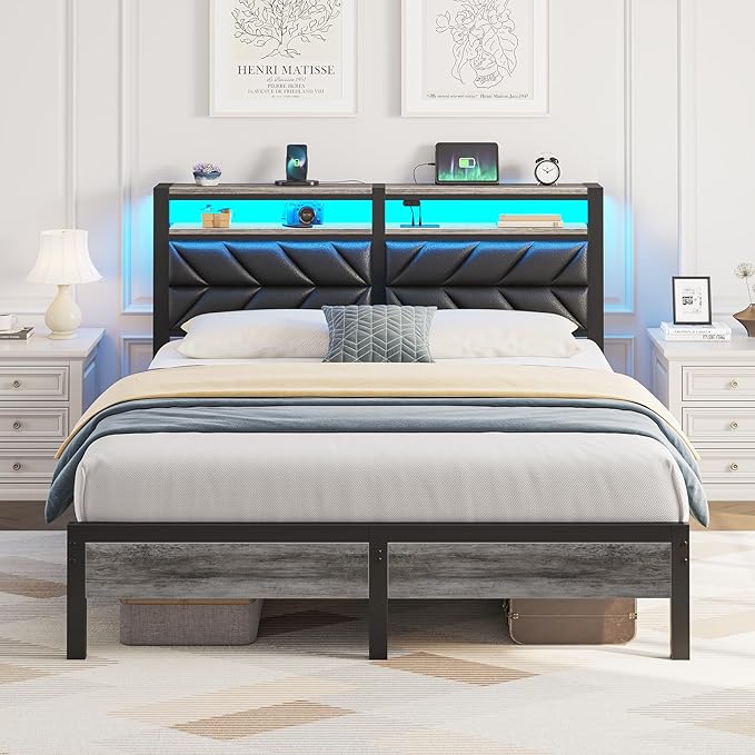 Seventable Bed Frame Full Size with Charging Station, LED Bed with Upholstered Storage Headboard, Metal Platform Bed with Under Bed Storage, No Box Spring Needed, Noise Free, Easy Assembly, Black