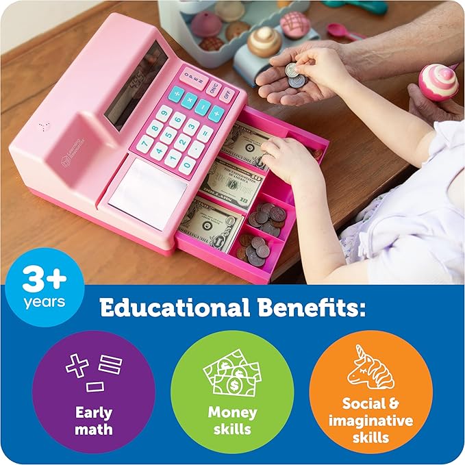 Learning Resources Pretend and Play Calculator Cash Register Pink - Money for Kids, Math Games, Playstore Grocery Store, Fine Motor Skills, Preschool Activities, Toddler Plastic Coins