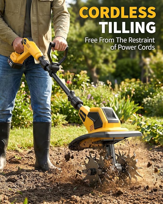 DEGGE Tiller, Cordless Tiller Cultivator with 48 Steel Tines, 9 inch Tilling Width and 6.7 inch Depth, 2 x 3.0Ah 21V Batteries & Charger, Gardening Tools for Lawn/Gardening/Soil Cultivation