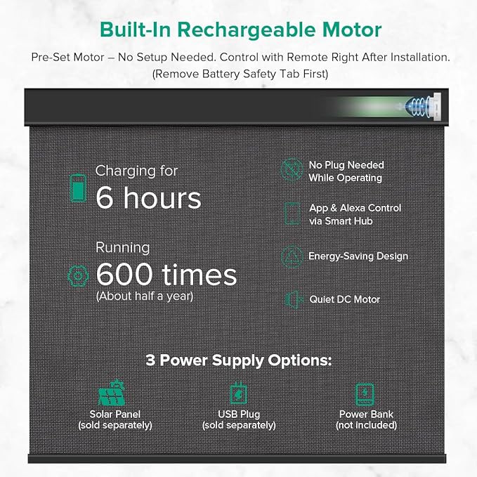 Kilonity Motorized Roller Shades, Light Filtering Remote Control Custom Window Shades Compatible with Alexa Google Assistant via RF Hub, Rechargeable Electric Blinds for Windows (Fireproof Black)