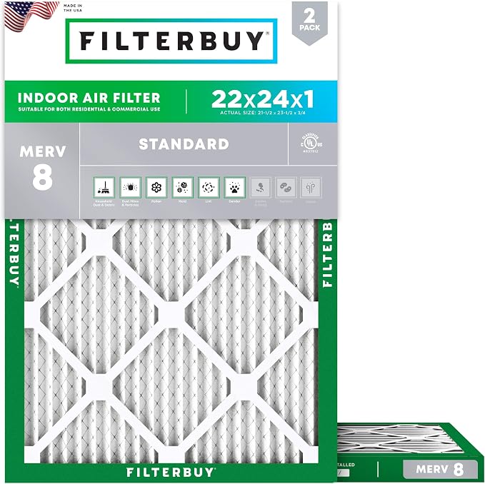 Filterbuy 22x24x1 Air Filter MERV 8 Essential Dust & Allergy Defense,