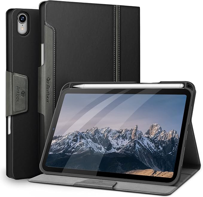 Antbox Case for iPad mini 7 A17 Pro for iPad mini 7th/6th Generation | Built-in Pencil Holder Vegan Leather Smart Cover with Auto Sleep/Wake Stand Function