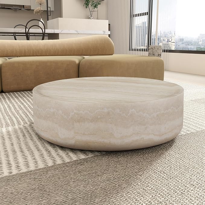 Round Coffee Table 39.37'' Marble Pattern Drum Shaped Coffee Table Fiberglass Cocktail Table Center Table for Living Room ome Office, Fully Assembled, White