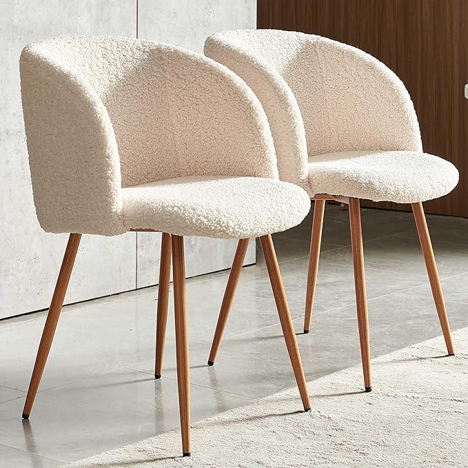 NORDICANA 5-Piece Wooden Round Dining Room Table and Chair Set, 47-Inch Kitchen Table with Barrel Chairs for 4, Off White Upholstered Sherpa Dining Set, MDF Core with White Marble Effect Finish
