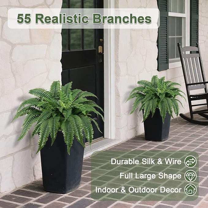 ALAGIRLS Set of 2 45 Inch Artificial Boston Fern Bush with 55 Branches, Large Faux Ferns for Outdoors, Artificial Plants Suitable for Office & Living Room Decor, UV-Resistant（Pot is not Included）