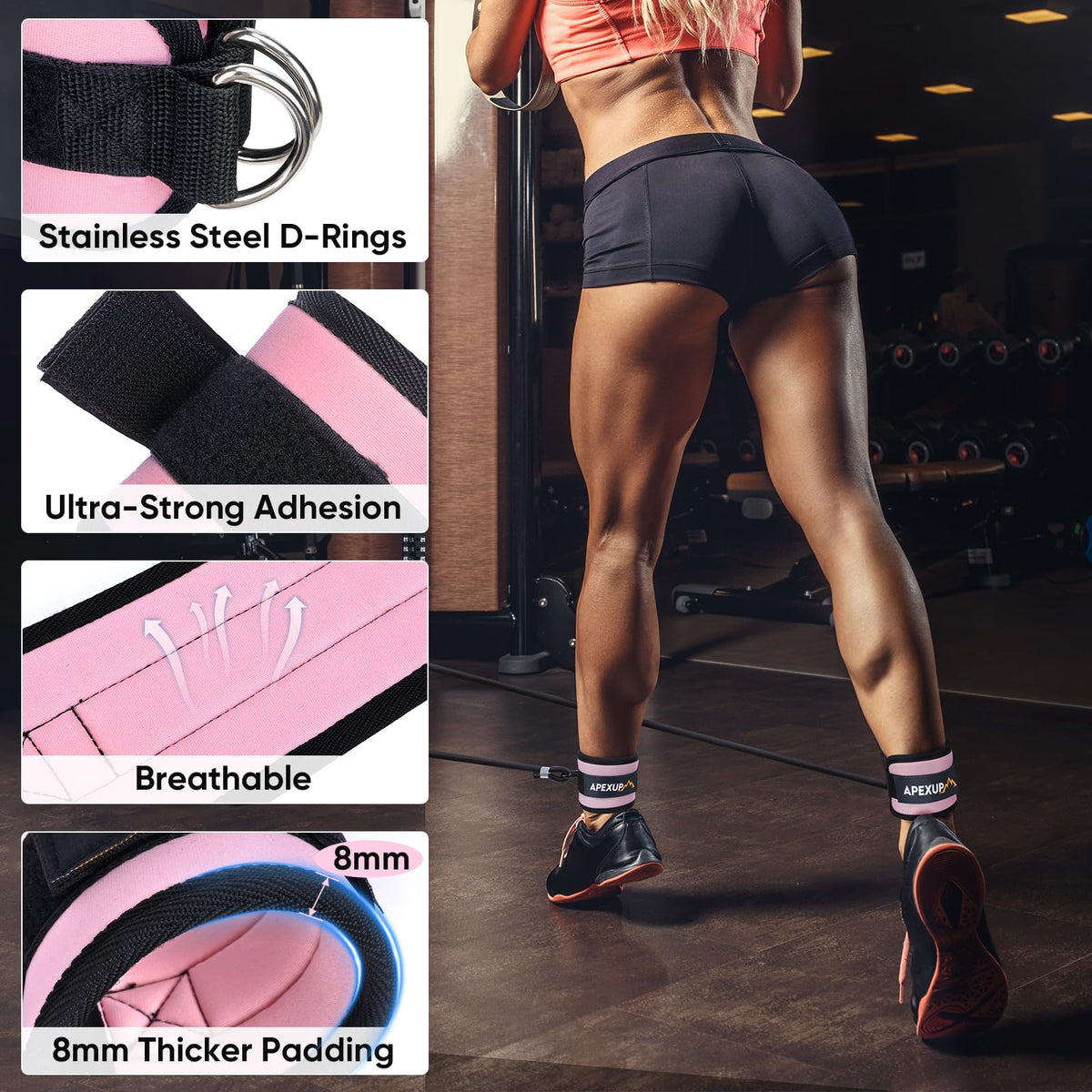 APEXUP Ankle Strap for Cable Machine, Ankle Resistance Bands, Cable Kick Back Straps for Gym, Glute Workouts, Leg Extensions, Adjustable Straps with Neoprene Padding (Pair, Pastel Pink)