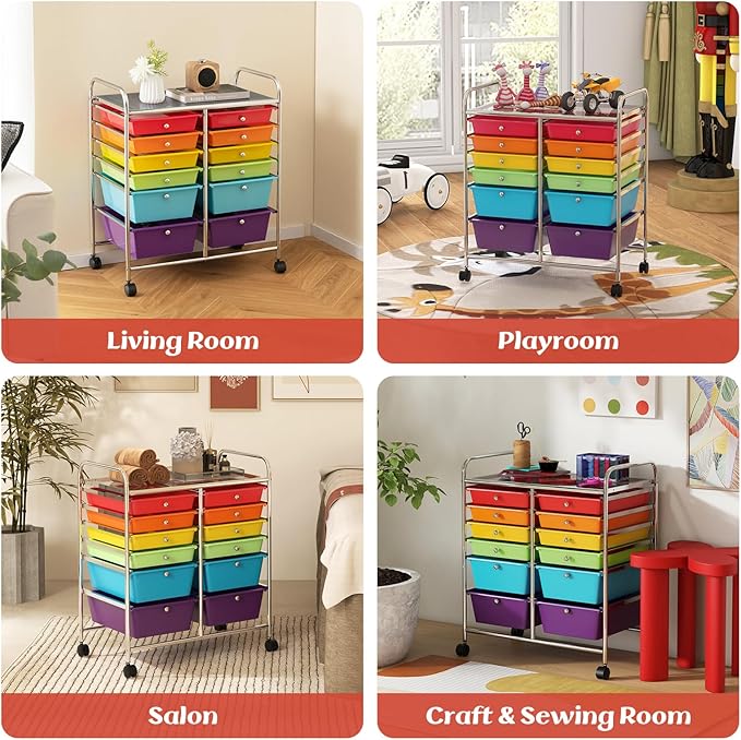 COSTWAY 12-Drawer Rolling Storage Cart, Moveable Art Craft Organizer W/Lockable Wheels, Metal Shelf, Files Arrangement Tools Makeup Storage Cart for Office, Home, School (Multi-Color)