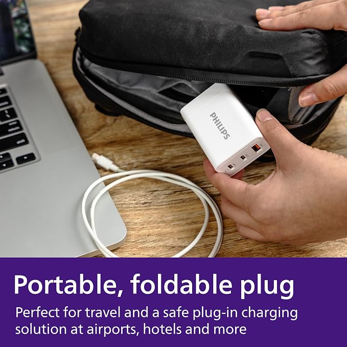 Philips iPhone Charger Fast Charging 65W USB C Charger 3-Port GaN USB C | Charger Block with USB A and USB C Foldable Fast Wall Charger for iPhone 16 Series 15 Series iPad Pro White DLP3653W/37