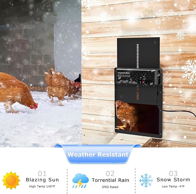 GRUBSFARM Automatic Chicken Coop Door - Programmable with App Timer, Solar/Battery/Grid Powered, Multi Anti-Pinch - Resistance Detection & Motion Sensor, Plug & Play Electric Door, Weatherproof