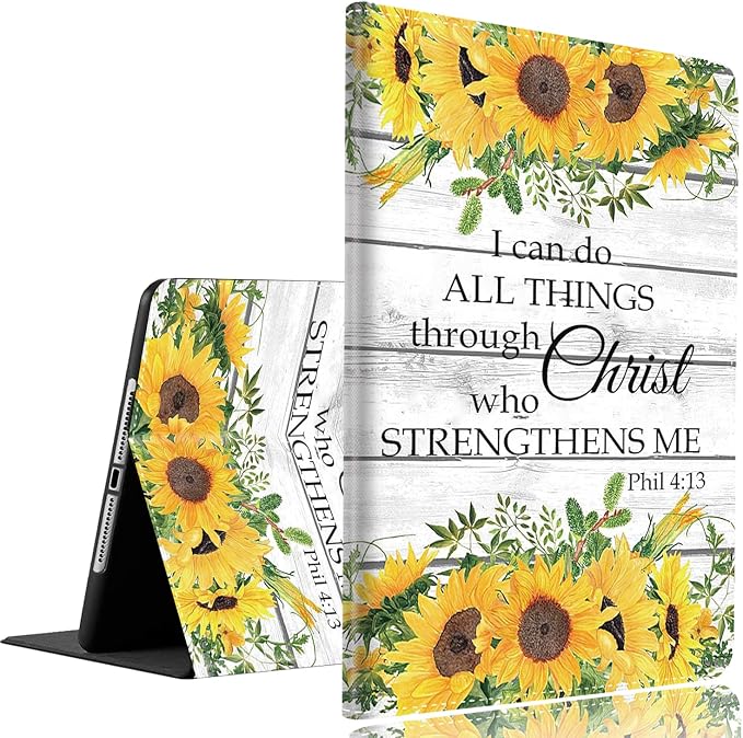 Philippians 4-13 Christian Sunflower iPad 9th/8th/7th Gen 2021/2020/2019 10.2 Inch Case - Standing Cover with Auto Sleep/Wake
