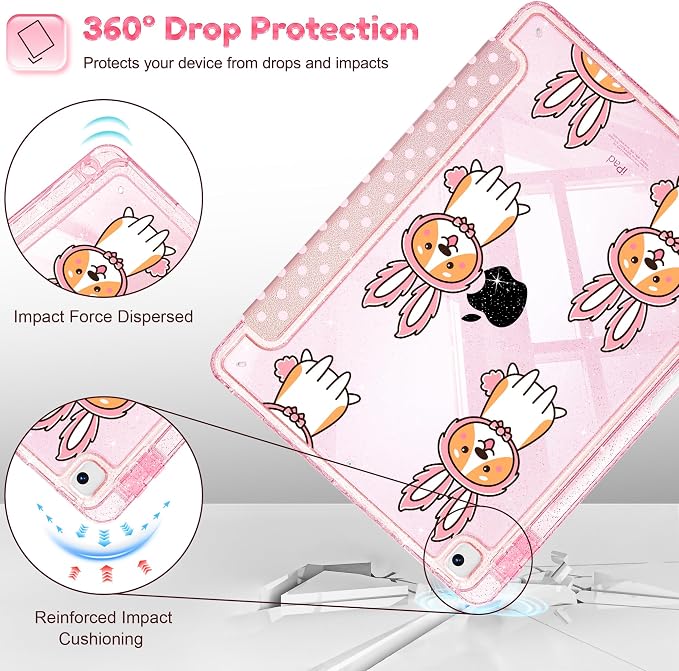 Case for iPad 9th/ 8th/ 7th Generation 10.2-Inch Case(2021/2020/2019 Release) Glitter Tablet Cases with Transparent Acrylic Back+Trifold Stand+Pencil Holder+Auto Wake/Sleep Bows-Stripe