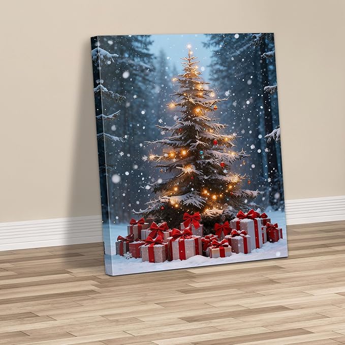 Framed Christmas Pictures Wall Decor,Vintage Pine Tree Prints,Winter Christmas Canvas Wall Art Decoration for Bedroom Bathroom Living Room Rustic Xmas Holiday Gifts (Christmas Tree 14, 11'' X 14'')