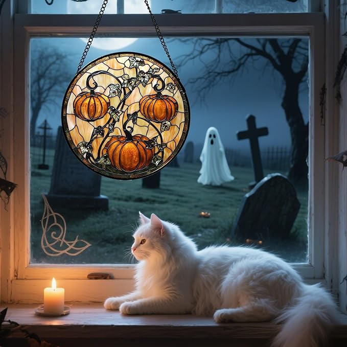 Stained Glass Window Hanging - Halloween Decoration Orange Pumpkin Vine Leaves Suncatcher for Door Garden Spooky Sun Catchers Gothic Decor Horror Gifts for Women Men Friend Boy Girl 7.8 in