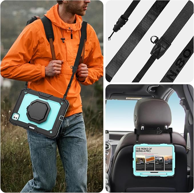 for iPad Pro 11 inch Protective Case M5 2025/M4 2024: Heavy Duty Shockproof Case with Pencil Holder - 360°Rotating Handle/Stand - Screen Protector - Shoulder Strap Black/Sky Blue