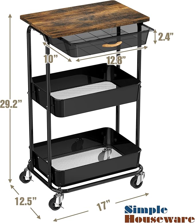 Simple Houseware 3-Tier Rolling Utility Cart with Drawer & Wood Tabletop - Mobile Sofa Side Table, Nightstand, Slim Storage Organizer Trolley for Bedroom, Bathroom, Office & Art Supplies, Rustic Brown