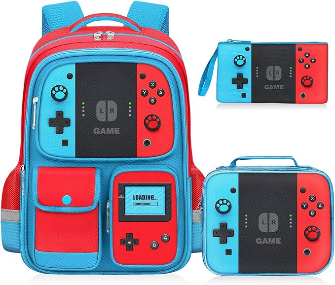 Kids Backpack for Boys - 3pcs Gamer Boys Backpack with Lunch Box Set for Elementary Middle School - Students Bag for Ages 6-18,17″ Video Game Bookbag Travel Back Pack