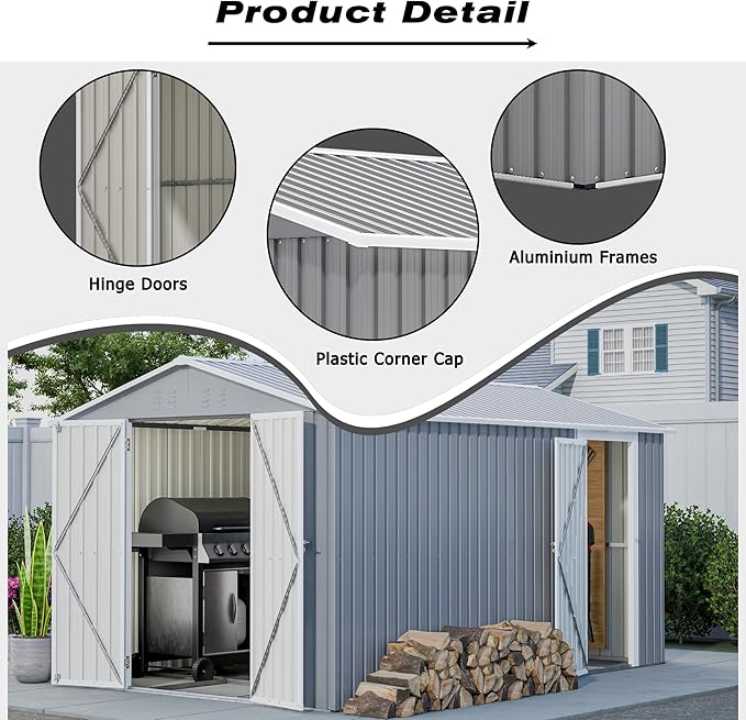8x12 Ft Large Metal Outdoor Storage Shed with Floor Frame & Lock, Durable Waterproof & Windproof Tool Shed for Garden, Backyard, Patio
