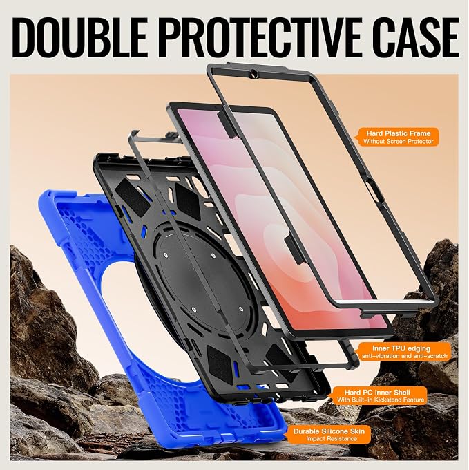 Batianda Heavy Duty Case for Samsung Galaxy Tab S11 2025 11 Inch with 360° Rotating Ring Stand &amp Shoulder Strap Built-in S Pen Holder Shockproof Rugged Multi-Layer Protective Cover Black