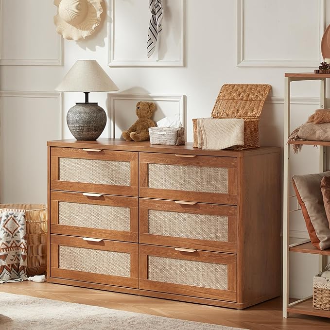 LEYAOYAO Rattan 6 Drawer Dresser for Bedroom, 48" Wide Boho Chest of Drawers, Wooden Dressers TV Stand with Metal Handle, Storage Closet Organizer for Living Room, Hallway, Tea Brown