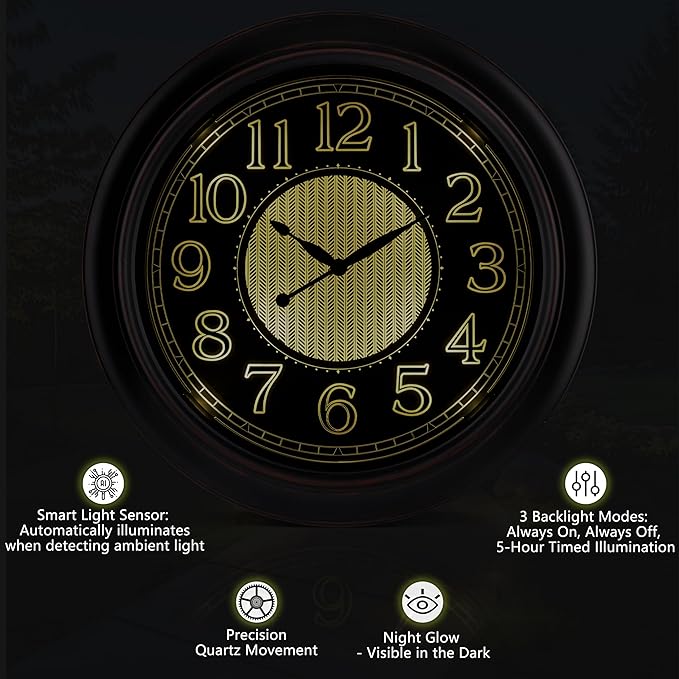 Koosome 18 Inch Lighted Wall Clock Outdoor Clocks with Smart Light Sensor Battery Operated Wall Clocks with Night Light, Waterproof Wall Clock for Patio, Garden, Porch, Living Room, Home, Office