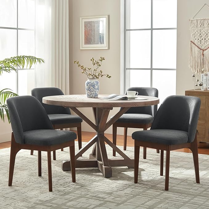 VKNOW Modern Dining Chairs Set of 4, Faux Leather Kitchen Chairs with Wood Legs, Upholstered Side Chair for Kitchen Dining Room, Black