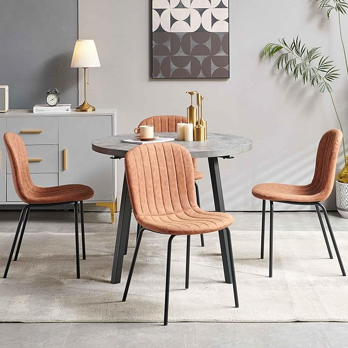 5-Piece Round Table Set for 4, 37.4" Grey Round Table with Hooks, Solid MDF Tabletop, Industrial Kitchen Table with Brown PU Dining Chairs for Living Room, Dining Room