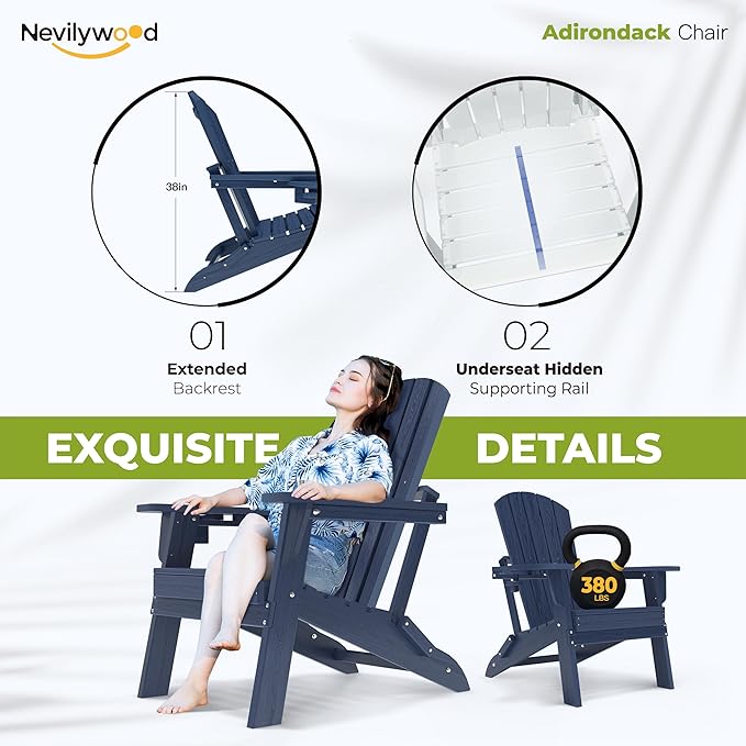 nevilywood Folding Adirondack Chair - Extended Ergonomic Backrest, Cup Holder - Easy Assembly - Durable HDPE Plastic, Weather Resistant & Maintenance-Free - Lawn, Patio, Deck Supports 380lbs NavyBlue