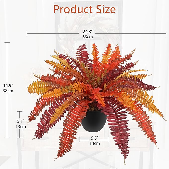Hollyone Fake Boston Fern in Pot Fall Faux Fern Medium Potted Plant Medium Autumn Decor Plants Outdoor Indoor Autumn Boston Ferns Artificial Plants for Patio Garden Farmhouse Fall Decorations for Home