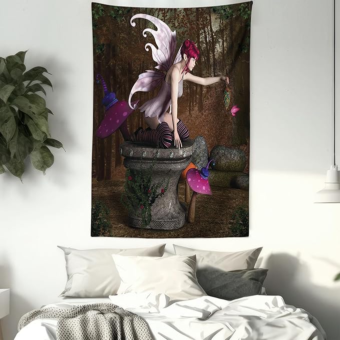 Ambesonne Tale Tapestry, Dimensional Mythical Creature Design Artifact on Pedestal Forest Print, Fabric Wall Hanging Decor for Bedroom Living Room Dorm, 23" X 28", Red Purple Grey