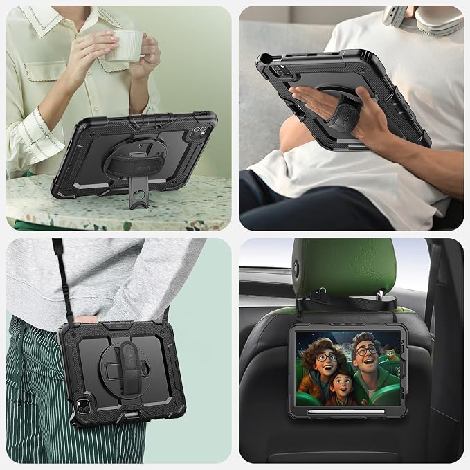 SEYMAC Case for iPad Pro 11 4th/3rd/2nd/1st Gen 2022-2018 Black | Full-Body Shockproof Protective Built-in Screen Protector 360° Rotating Stand Hand/Shoulder Strap Pencil holder