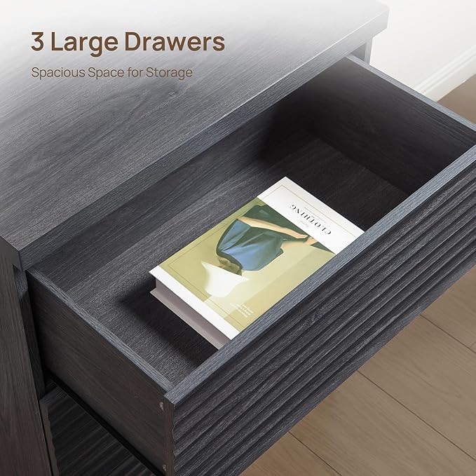 SICOTAS Fluted Sideboard Buffet Cabinet with Storage, Modern Credenza Storage Cabinet with 3 Larger Drawers, 2-Piece Media Console Mid Century Coffee Bar Table for Entryway Kitchen, Dark Grey Alder