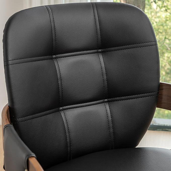 Set of 2 Mid Century Modern Chairs - Swivel Dining Chairs with Arms and Curved Back, Faux Leather Reception Room Chairs, Ideal for Kitchen/Living Room/Reception/Desk (Walnut Black)