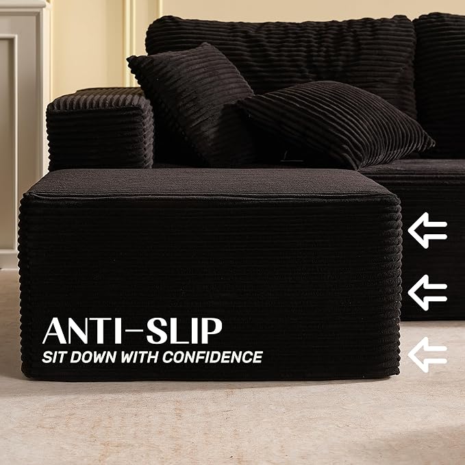 107" Boneless Couch with Deep Seat, Modular Sectional Sofa, Cloud Sectional Couch for Living Room, No Assembly Required, Corduroy, L-Shape Left?Black